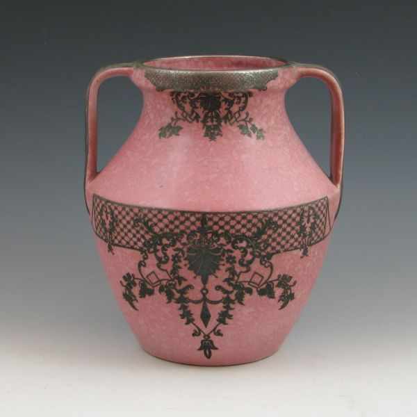 Appraisal: Weller handled vase in mottled pink with silver applique Unmarked