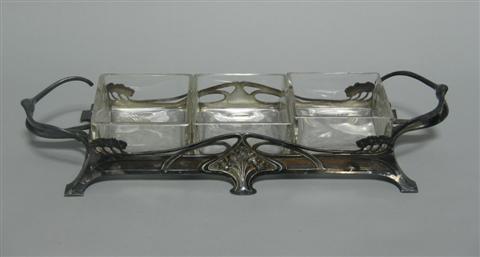 Appraisal: WMF ART NOUVEAU SILVER PLATED CONDIMENT TRAY Fitted with three