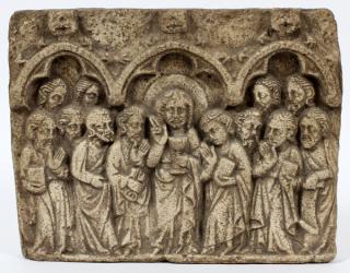 Appraisal: HAND CARVED STONE SCULPTURE OF CHRIST AND APOSTLES H W