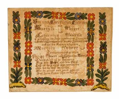 Appraisal: Hand-colored wood block fraktur for Marshin sic Albers attributed to