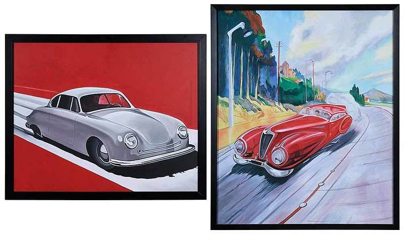 Appraisal: Two Contemporary Paintings of Vintage Cars American th century Reproductions