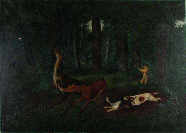 Appraisal: Unsigned Primitive x Oil on Canvas depicting a deer hunter