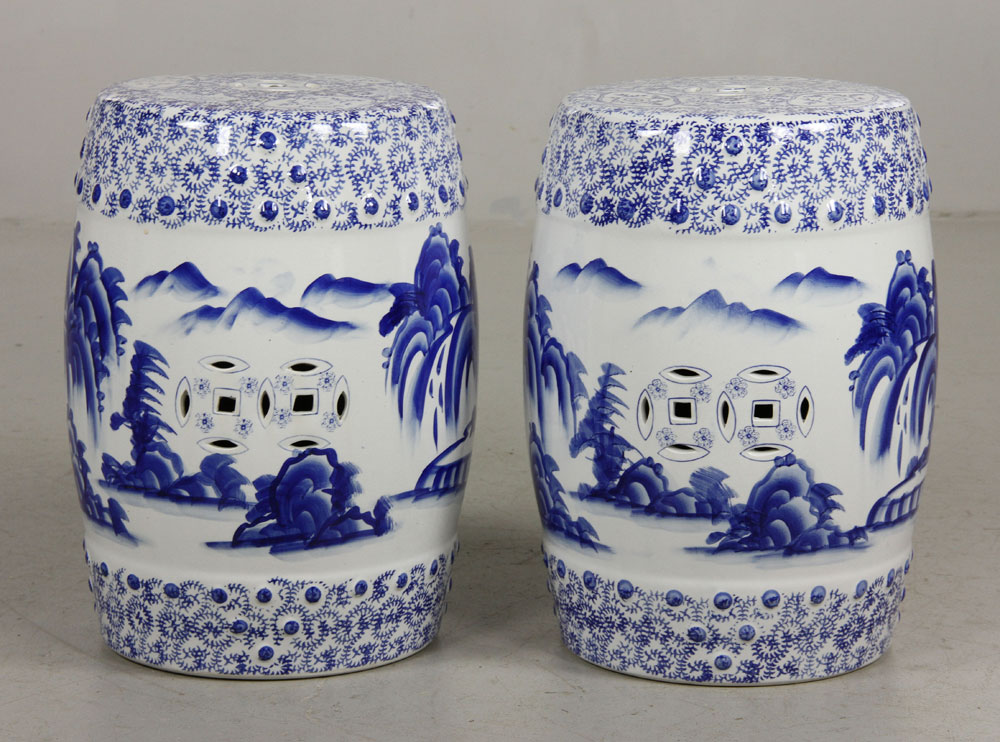 Appraisal: - Pr Chinese Blue and White Garden Stools Pair of