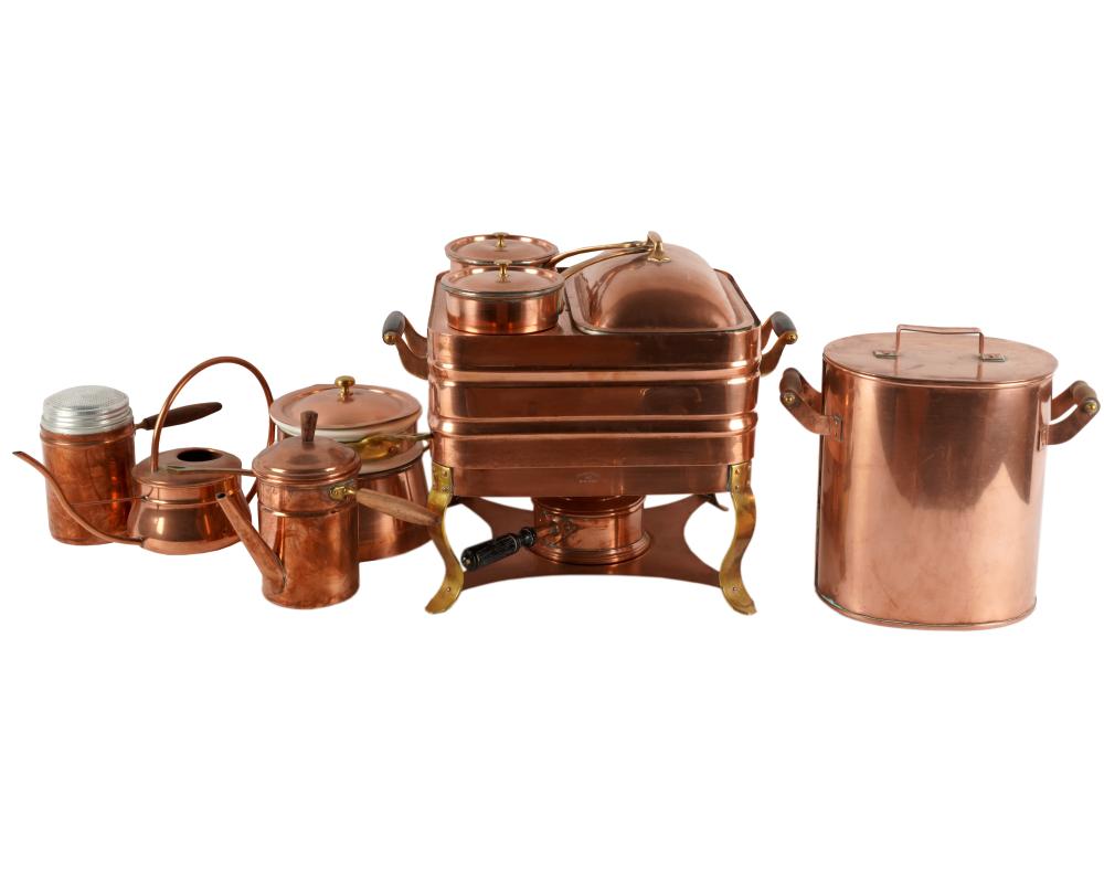 Appraisal: SET OF COPPER COOKWAREcomprising a three-compartment warming tray on stand