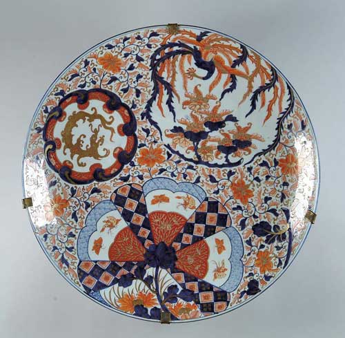 Appraisal: FINE LARGE IMARI CHARGER Blue rust design including fan bird