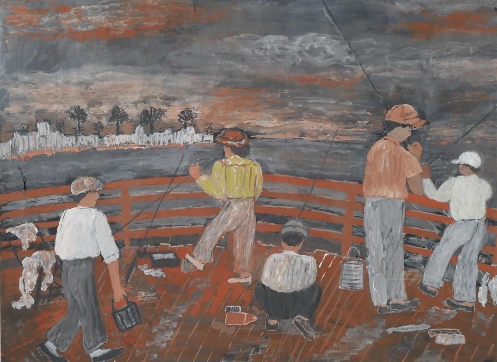 Appraisal: Watercolor on paper painting showing men fishing off a dock