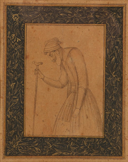 Appraisal: AN INDIAN MINIATURE painted with a stooped figure holding a