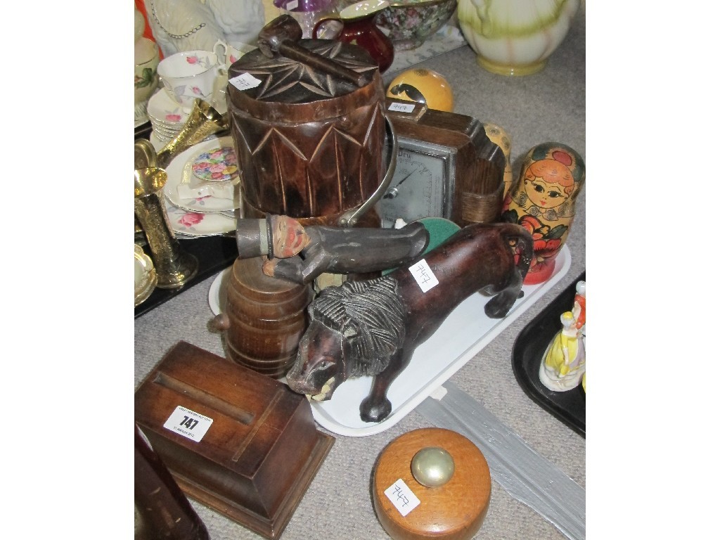 Appraisal: Tray lot of treen to include cigarette box tobacco jar