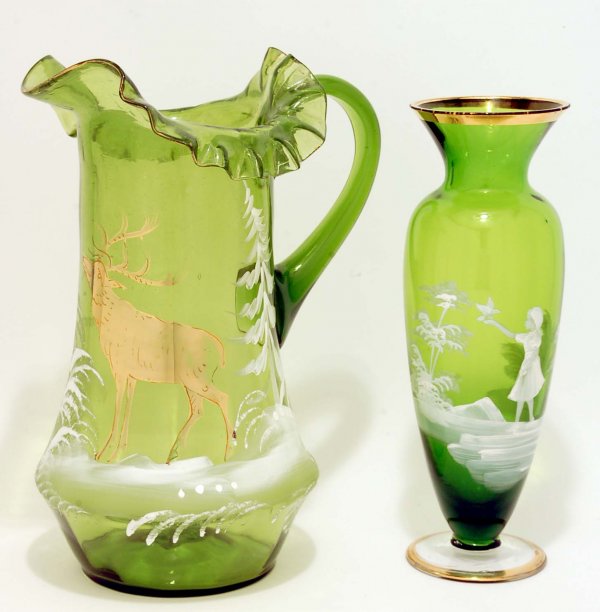 Appraisal: Two pieces of olive green Mary Gregory type glass One