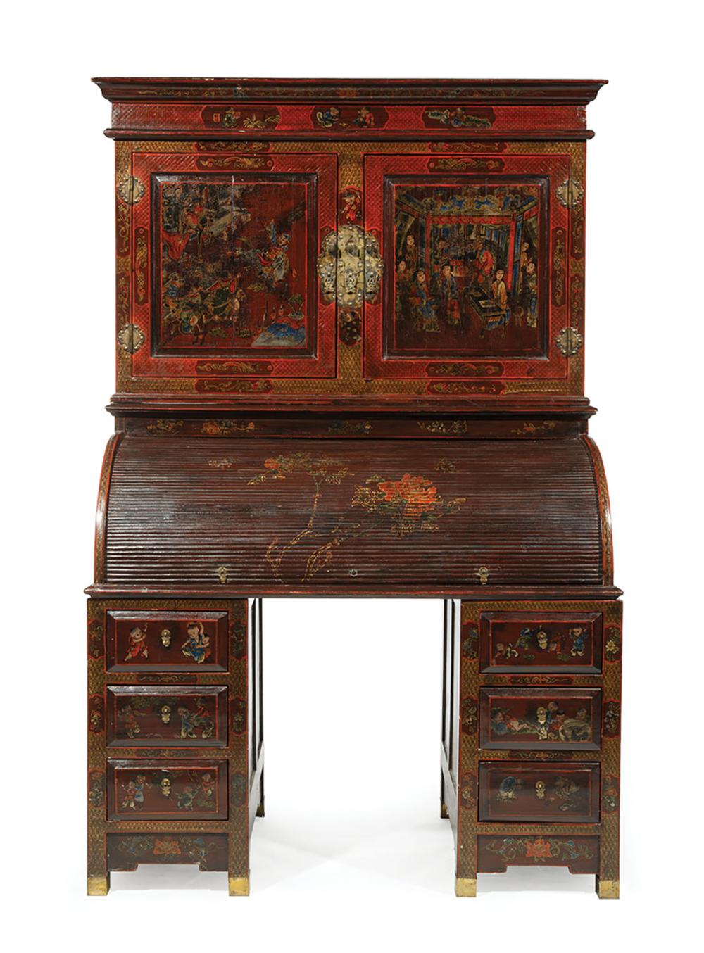 Appraisal: Antique Chinese Painted Red Lacquer Secretary Desk in five pieces