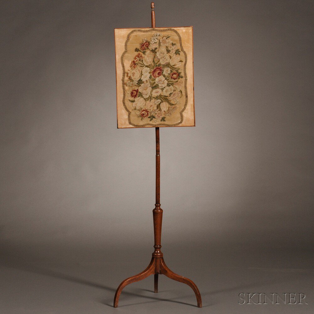 Appraisal: Georgian-style Mahogany and Needlework Pole Screen England th century the