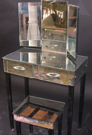 Appraisal: Art Deco Mirrored and Ebonized Vanity Table and Stool early