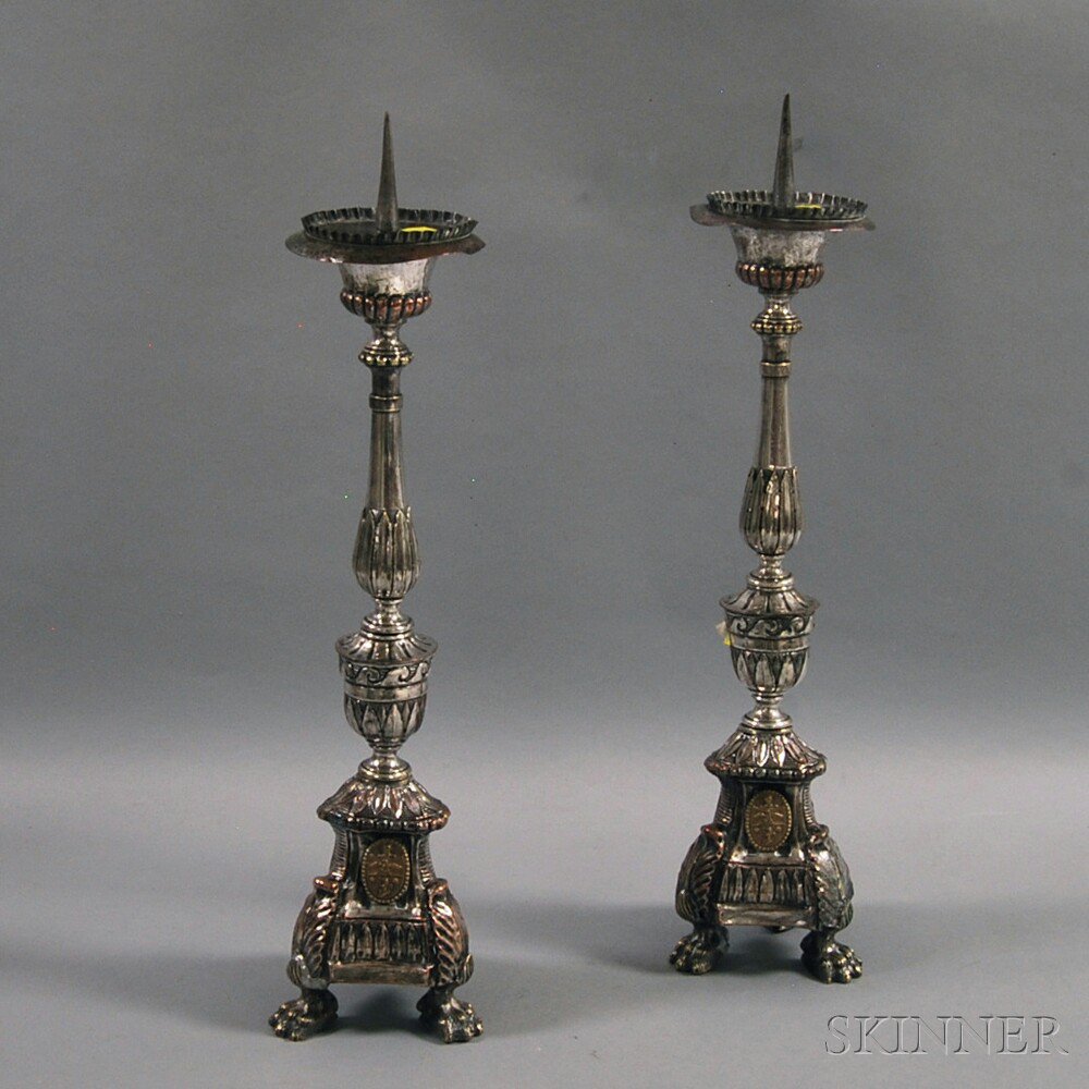 Appraisal: Large Pair of Italian Silver-plated Pricket Candlesticks each with three