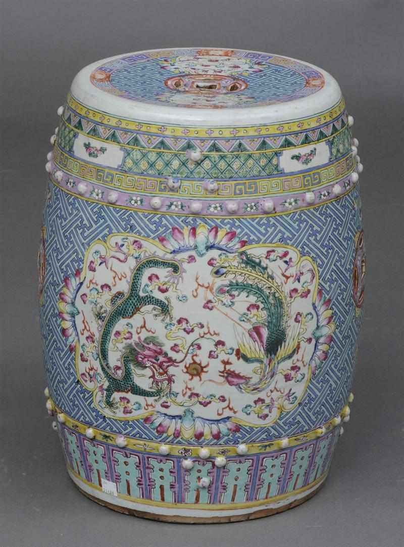 Appraisal: CHINESE FAMILLE ROSE BARREL-FORM GARDEN SEAT With two ribbon-tied pierced