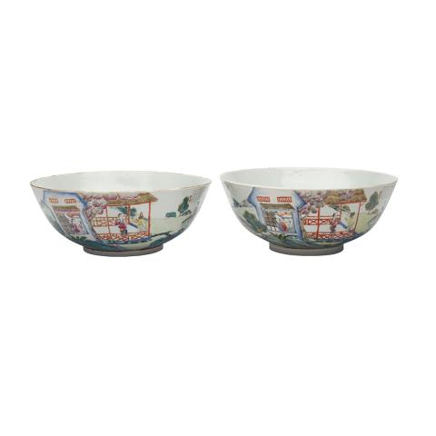 Appraisal: Pair of Large Famille Rose Landscape Bowls Daoguang Mark and