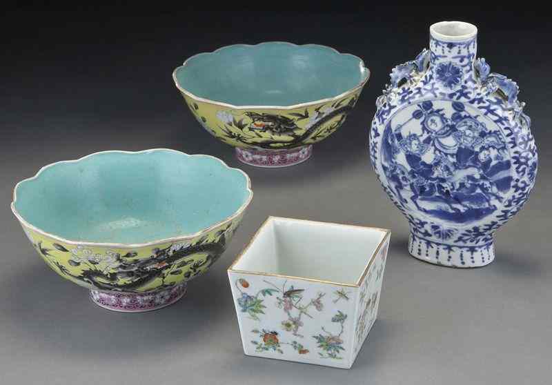 Appraisal: Pcs Chinese porcelain including pair of yellow porcelain bowls ''H