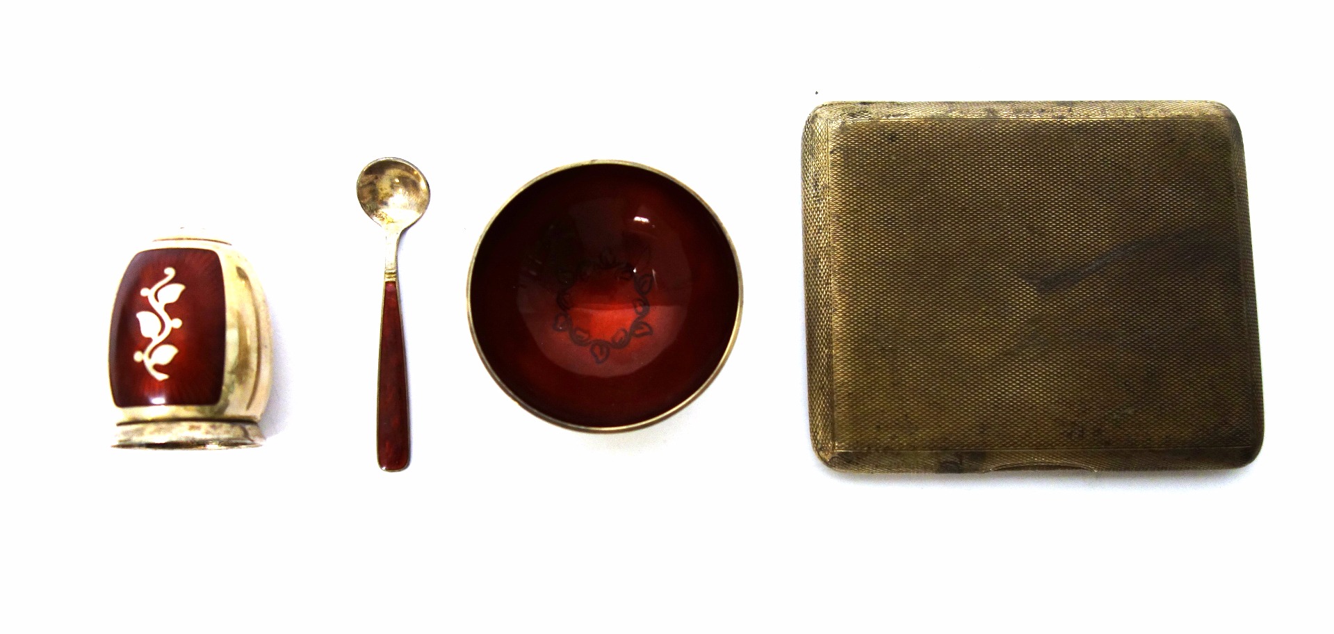 Appraisal: A Danish Sterling silver and red enamelled condiment set comprising