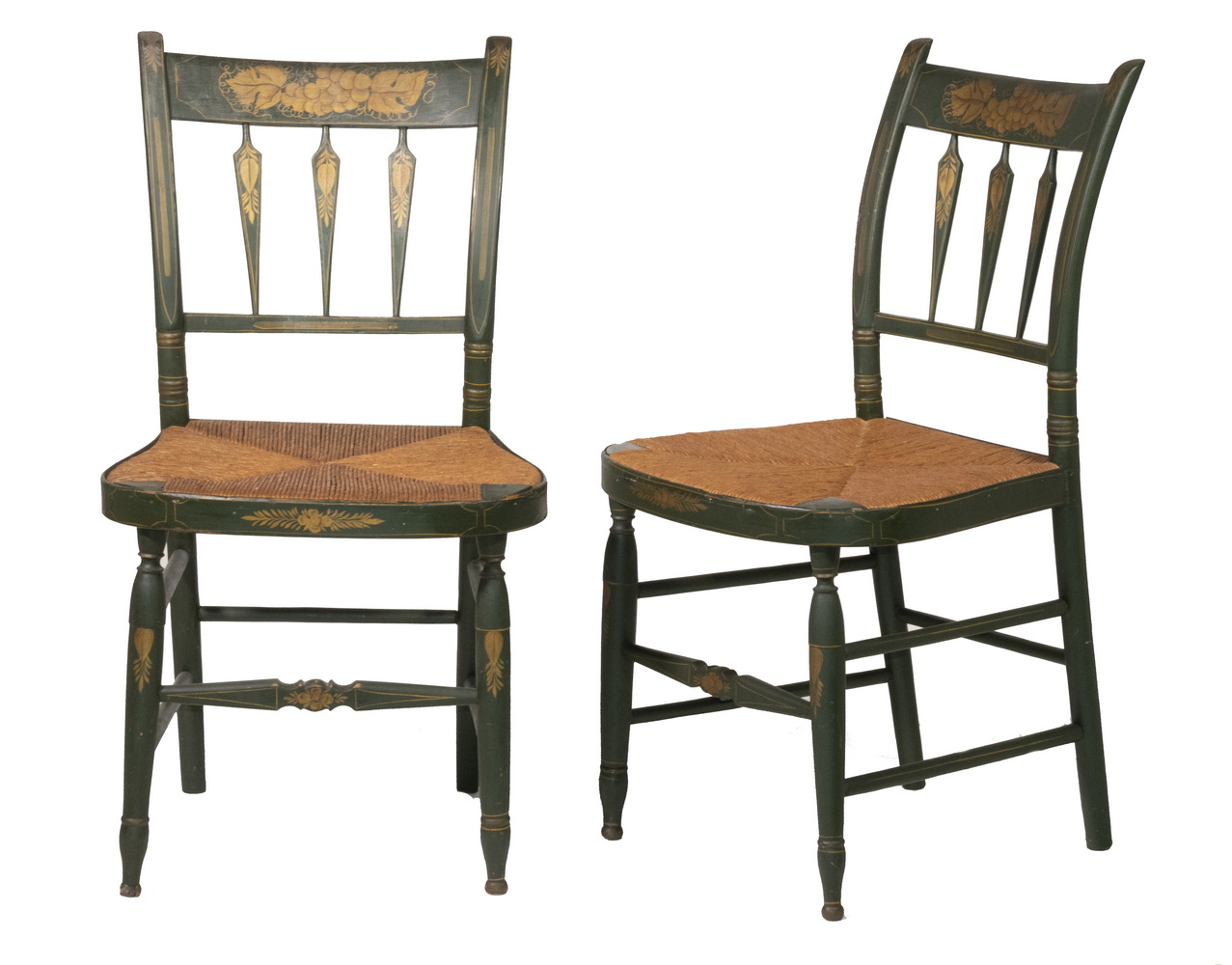 Appraisal: PR PAINTED THUMB BACK SIDE CHAIRS Pair of th c