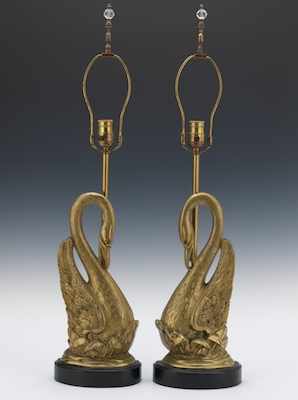 Appraisal: A Pair of Bronze Swan Lamps Cast bronze swans originally