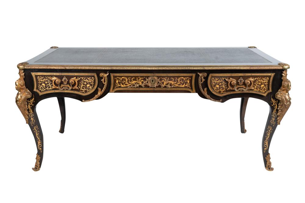 Appraisal: GILT BRONZE-MOUNTED MARQUETRY BUREAU PLATthe leather-inset top over three drawers