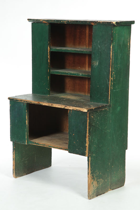 Appraisal: DIMINUTIVE BUCKET BENCH Ohio th century poplar Open shelves and