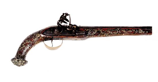 Appraisal: European flintlock pistol th century barrel about caliber elaborately decorated