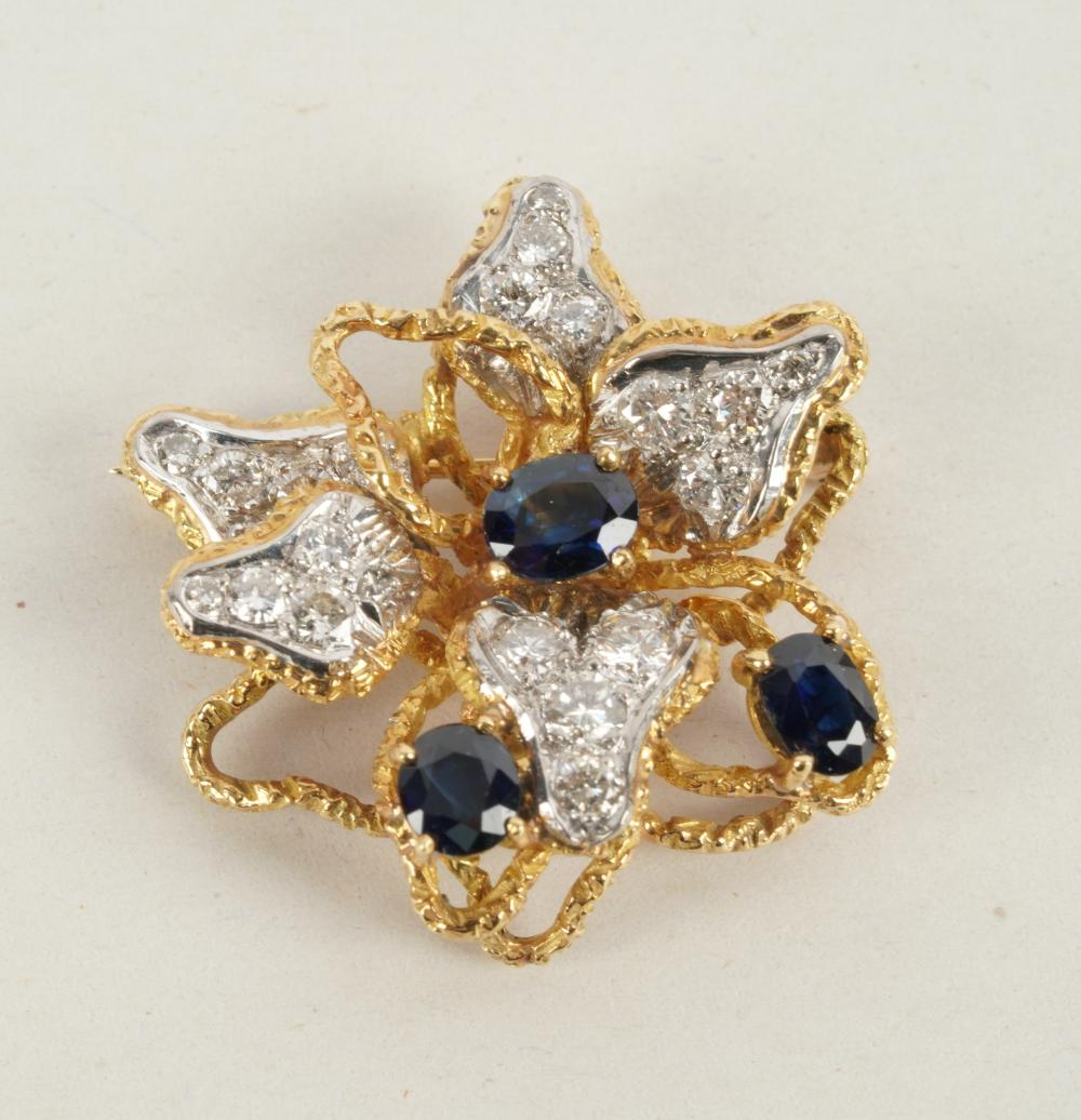 Appraisal: KARAT YELLOW GOLD DIAMOND SAPPHIRE PENDANTthe free-form pendant brooch containing