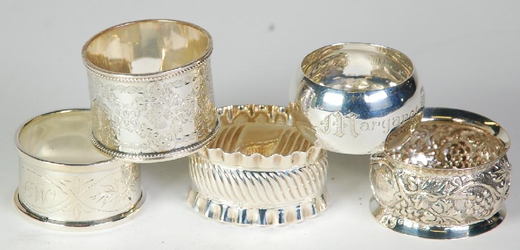 Appraisal: COLLECTION OF FIVE VICTORIAN AND LATER SILVER NAPKIN RINGS including