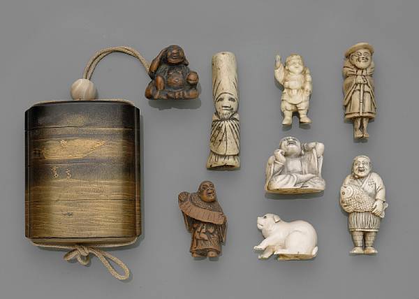 Appraisal: A lacquer inro and nine netsuke The three case inro