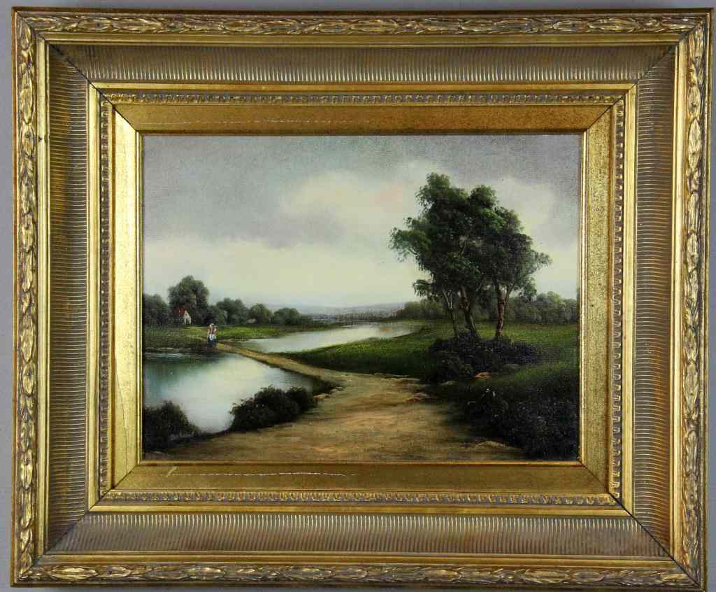 Appraisal: Signed Mid Century Oil Painting On CanvasDepicting a country scene