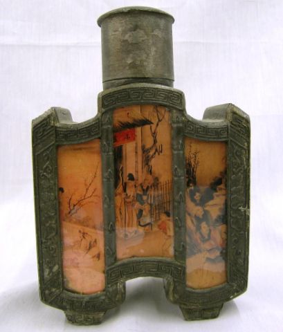 Appraisal: Antique scenic Japanese cast metal lidded bottle with triptych decoration