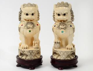 Appraisal: PAIR OF CARVED JEWELED IVORY FU DOGS THREE PIECE CHRISTOFLE