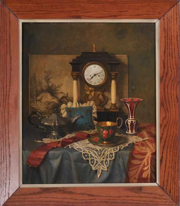 Appraisal: FRANZ KRISCHKE - CLOCK AND TEACUP Oil on canvas laid