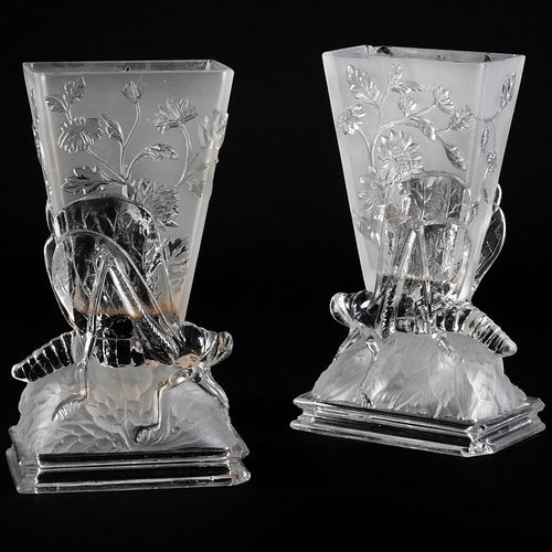 Appraisal: PAIR OF BACCARAT MOLDED GLASS VASE WITH CRICKET MOTIFMolded signature