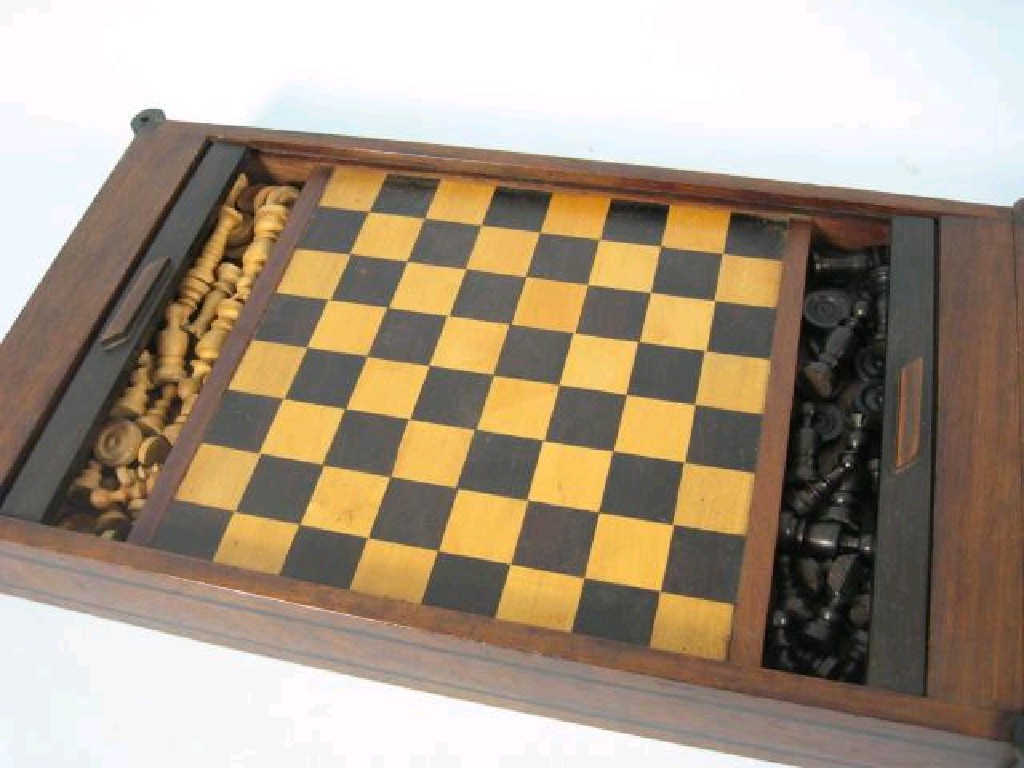 Appraisal: An unusual mahogany Chess and Draughts Board with tambour lid