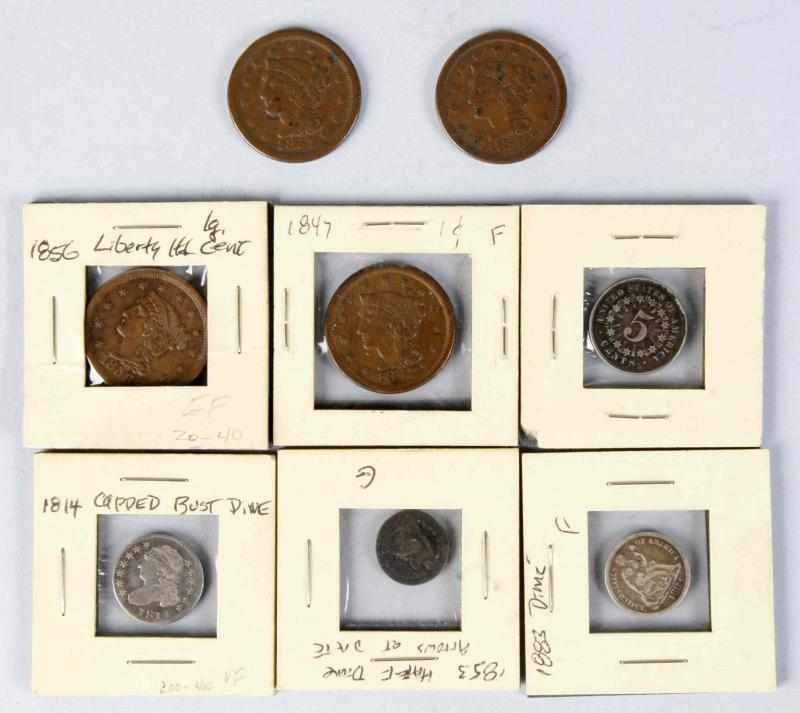 Appraisal: Lot of Type Coins Description Includes Large Cent F Shield