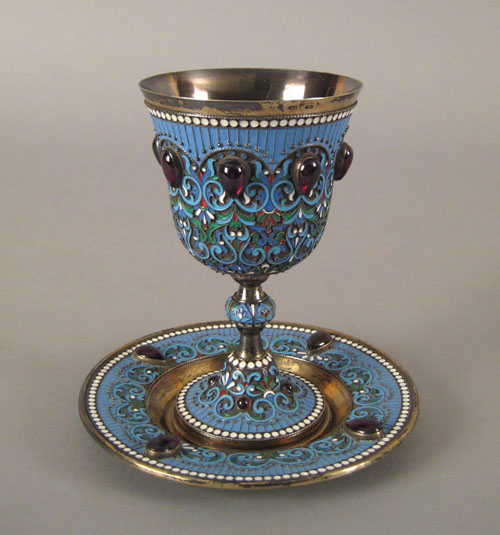 Appraisal: Russian silver enamel and cabochon inlaid chalice and saucer ca