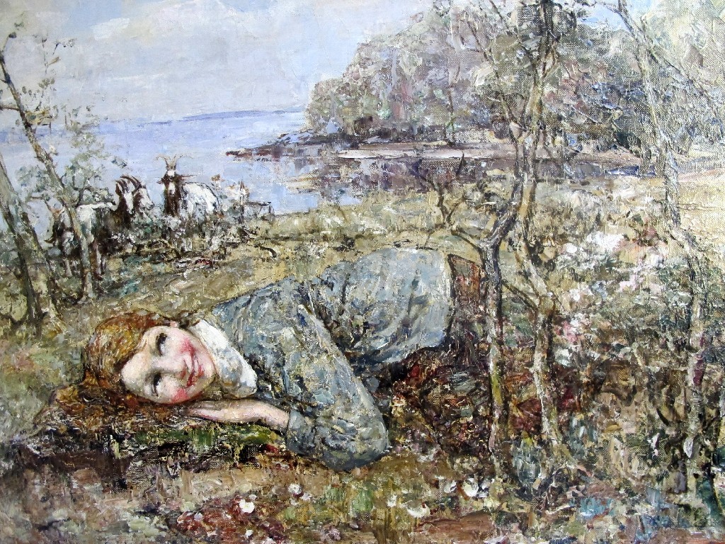 Appraisal: EDWARD ATKINSON HORNEL - GIRL LYING BESIDE A LOG AND