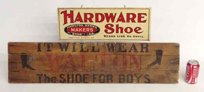 Appraisal: Lot two trade signs including tin ''Hardware Shoe'' '' W