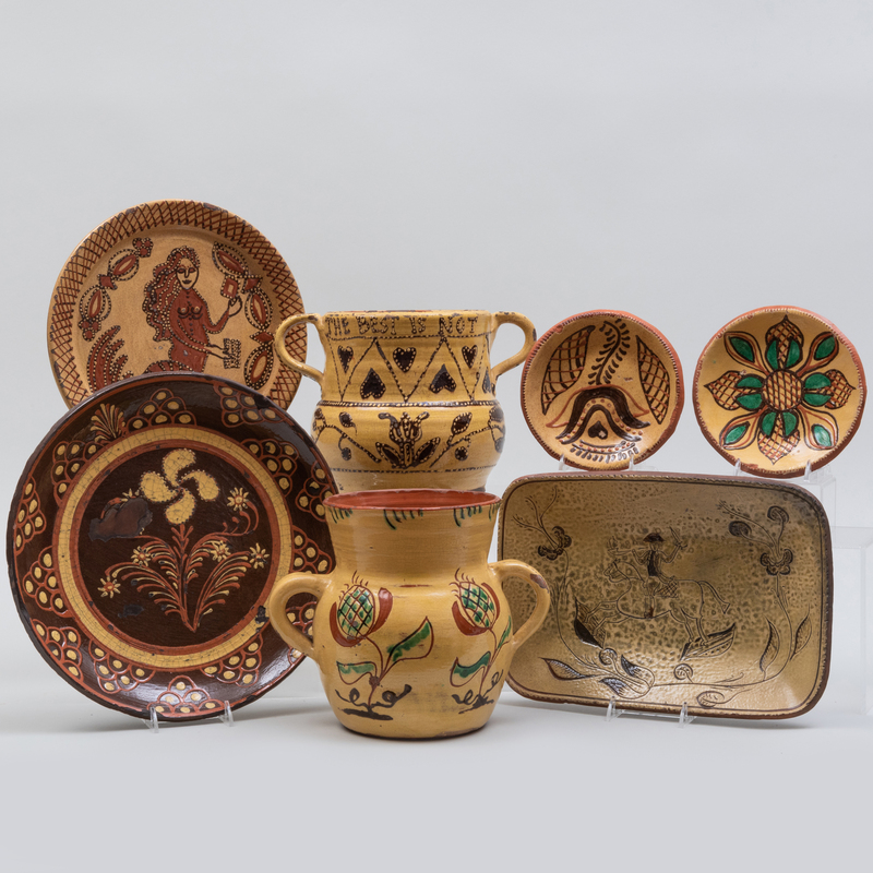 Appraisal: Group of Reproduction Slipware Incised marks Comprising Two two handle