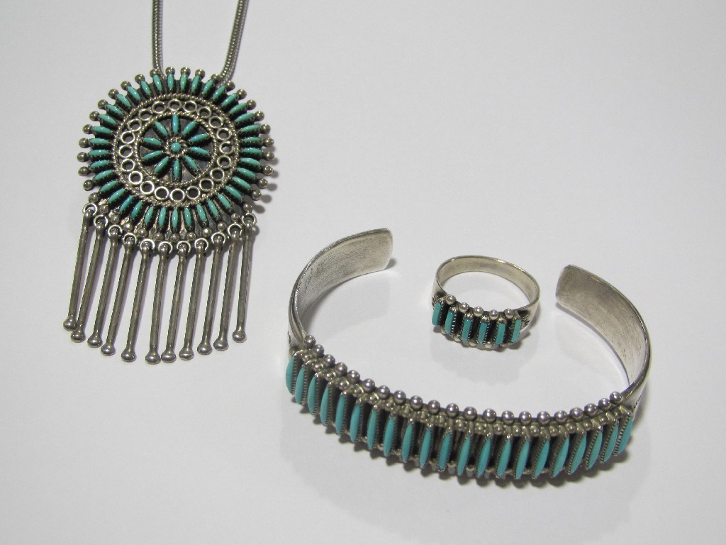 Appraisal: American Indian silver and turquoise Zuni pendant bangle and dress