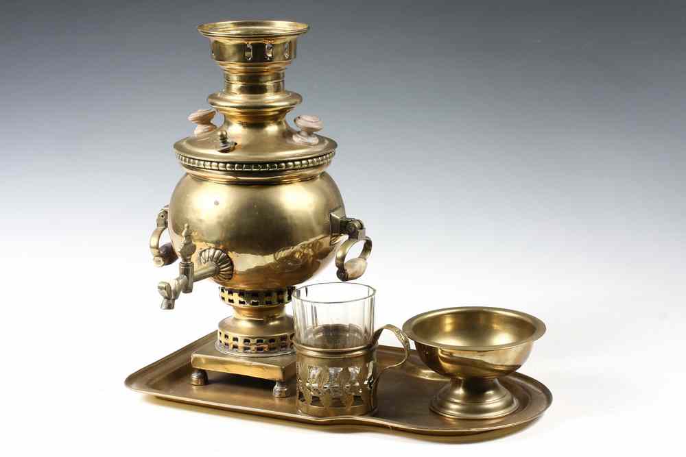 Appraisal: PC RUSSIAN BRASS MINATURE SAMOVAR SET - Russian Brass Miniature