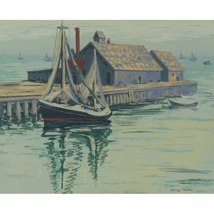 Appraisal: Harry Shokler American - c Harbor Scene woodblock x signed