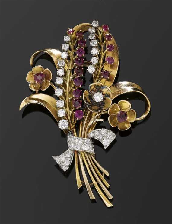 Appraisal: GOLD RUBY AND DIAMOND BROOCH ca Ros gold and platinum