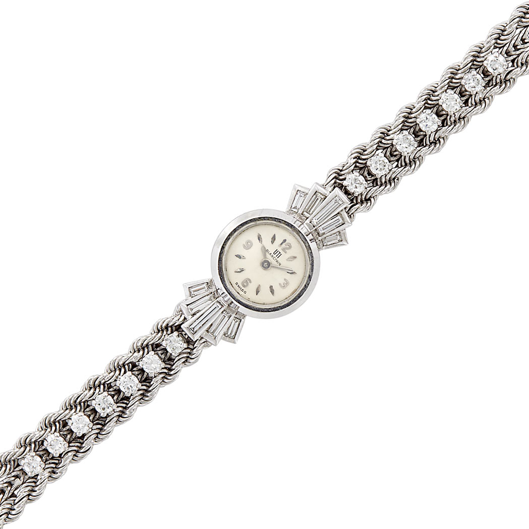 Appraisal: White Gold and Diamond Wristwatch kt mechanical backwind baguette round