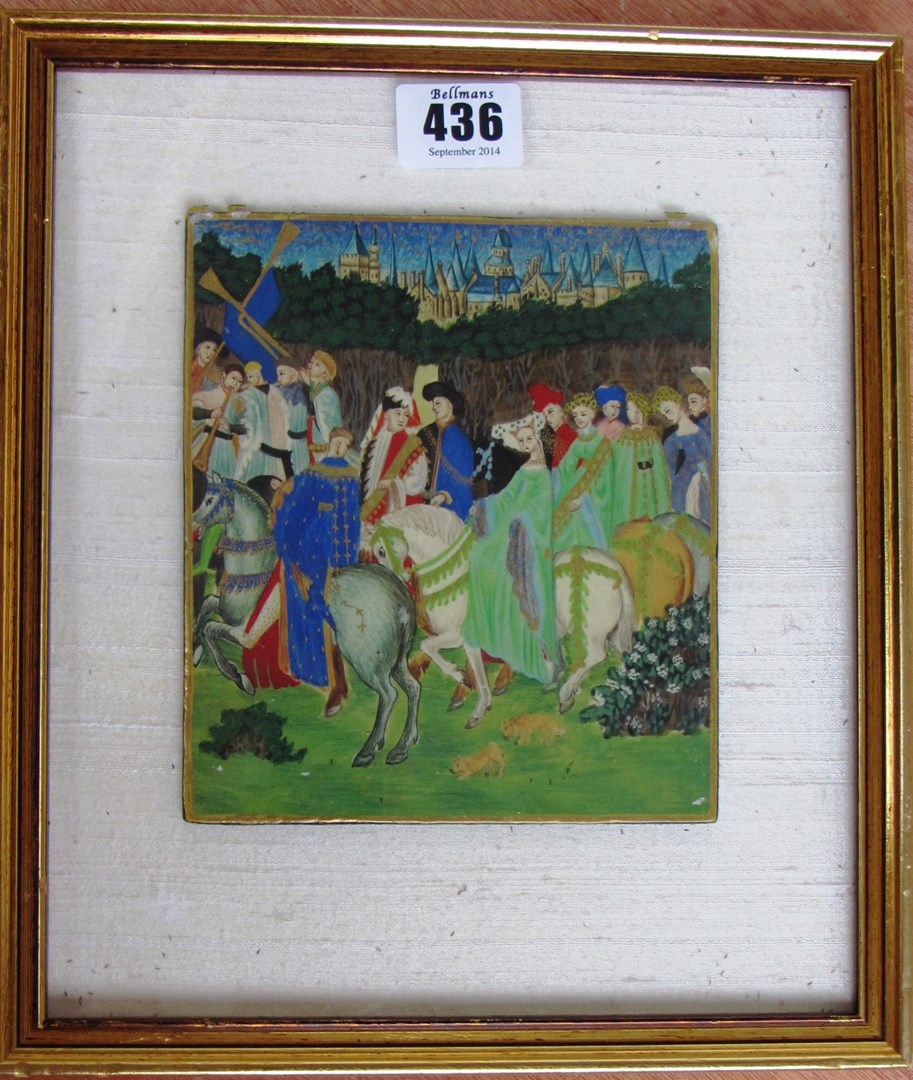 Appraisal: Continental School Medieval Pageant and hunting scenes oil on board