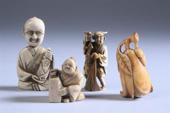 Appraisal: FOUR JAPANESE IVORY NETSUKE th century Carved to depict various