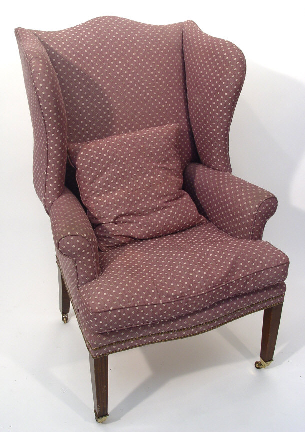 Appraisal: Georgian design mahogany framed wing armchair with purple and white