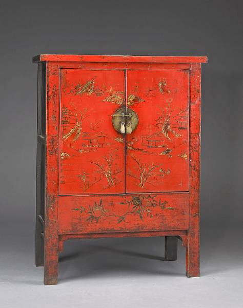 Appraisal: A Chinese red lacquer two door cabinet th century The