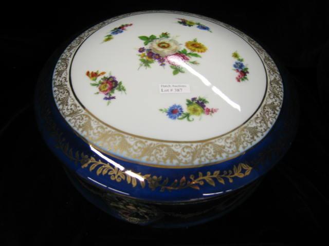 Appraisal: Enormous Porcelain Dresser Box courting scenes floral sprays cobalt gold